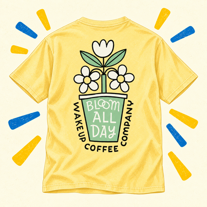 Illustrated back of yellow Bloom All Day tee