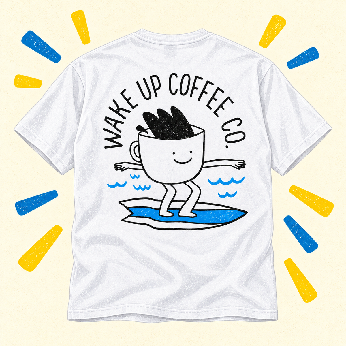 Illustrated back of white Saint Simons surfing coffee tee