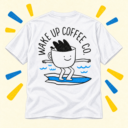 Illustrated back of white Saint Simons surfing coffee tee